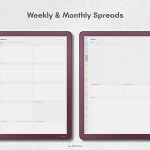 May include: Two digital tablet screens displaying weekly and monthly planner layouts with a dark plum border. The left screen shows a weekly schedule, while the right screen displays a monthly calendar grid. Both feature colorful side tabs and the text Weekly & Monthly Spreads.