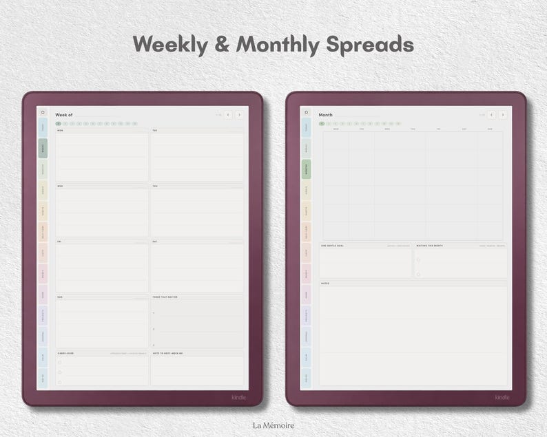 May include: Two digital tablet screens displaying weekly and monthly planner layouts with a dark plum border. The left screen shows a weekly schedule, while the right screen displays a monthly calendar grid. Both feature colorful side tabs and the text Weekly & Monthly Spreads.