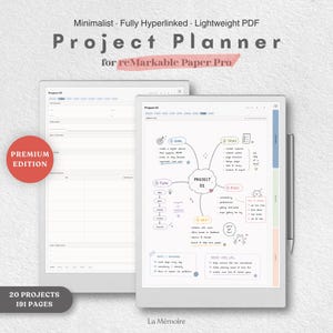 May include: A digital project planner for reMarkable Paper Pro featuring 191 pages and 20 projects. The interface includes a mind map layout with sections for goals, tasks, flow, and risks, alongside a stylus and a red premium edition badge.