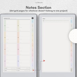 Puede incluir: Una interfaz de planificador digital que muestra una vista general del semestre a la izquierda y una p&aacute;gina de notas con cuadr&iacute;cula de puntos a la derecha. El dise&ntilde;o presenta pesta&ntilde;as de colores pastel, botones y etiquetas de texto.