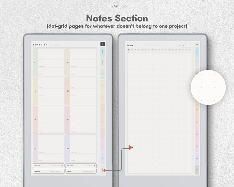 Puede incluir: Una interfaz de planificador digital que muestra una vista general del semestre a la izquierda y una p&aacute;gina de notas con cuadr&iacute;cula de puntos a la derecha. El dise&ntilde;o presenta pesta&ntilde;as de colores pastel, botones y etiquetas de texto.