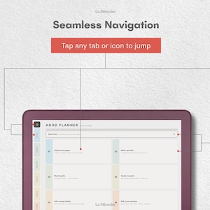 May include: A digital ADHD planner interface on a tablet screen with a dark purple frame. The screen displays a menu with tabs for daily focus, week spreads, month grids, goals, and habits. Text includes Seamless Navigation and Tap any tab or icon to jump.