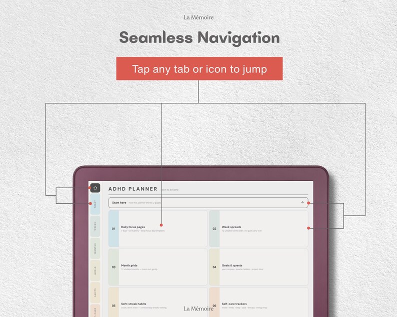 May include: A digital ADHD planner interface on a tablet screen with a dark purple frame. The screen displays a menu with tabs for daily focus, week spreads, month grids, goals, and habits. Text includes Seamless Navigation and Tap any tab or icon to jump.