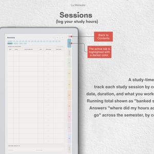 Puede incluir: Una plantilla digital de registro de sesiones de estudio con una tabla que incluye columnas para fecha, curso, temas trabajados, duraci&oacute;n y total acumulado. La interfaz muestra una barra lateral con pesta&ntilde;as de colores y texto explicativo sobre el uso.