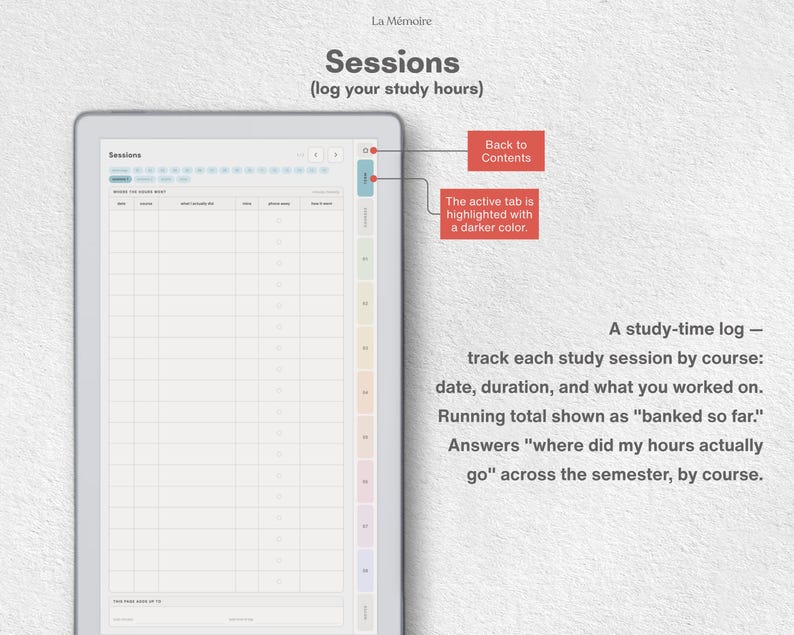 Puede incluir: Una plantilla digital de registro de sesiones de estudio con una tabla que incluye columnas para fecha, curso, temas trabajados, duraci&oacute;n y total acumulado. La interfaz muestra una barra lateral con pesta&ntilde;as de colores y texto explicativo sobre el uso.