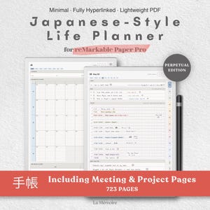 May include: A digital Japanese-Style Life Planner for reMarkable Paper Pro, featuring a perpetual edition PDF with 723 pages, including meeting and project pages. The interface displays a monthly calendar grid and a daily schedule with a black stylus.