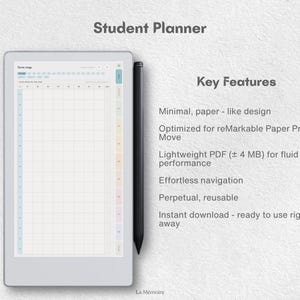 Puede incluir: Un planificador estudiantil digital mostrado en una pantalla de tableta con un l&aacute;piz &oacute;ptico negro. La pantalla muestra un dise&ntilde;o de mapa de t&eacute;rminos basado en cuadr&iacute;culas con pesta&ntilde;as laterales coloridas. El texto detalla las caracter&iacute;sticas.