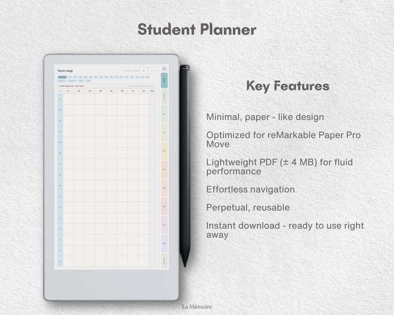 Puede incluir: Un planificador estudiantil digital mostrado en una pantalla de tableta con un l&aacute;piz &oacute;ptico negro. La pantalla muestra un dise&ntilde;o de mapa de t&eacute;rminos basado en cuadr&iacute;culas con pesta&ntilde;as laterales coloridas. El texto detalla las caracter&iacute;sticas.