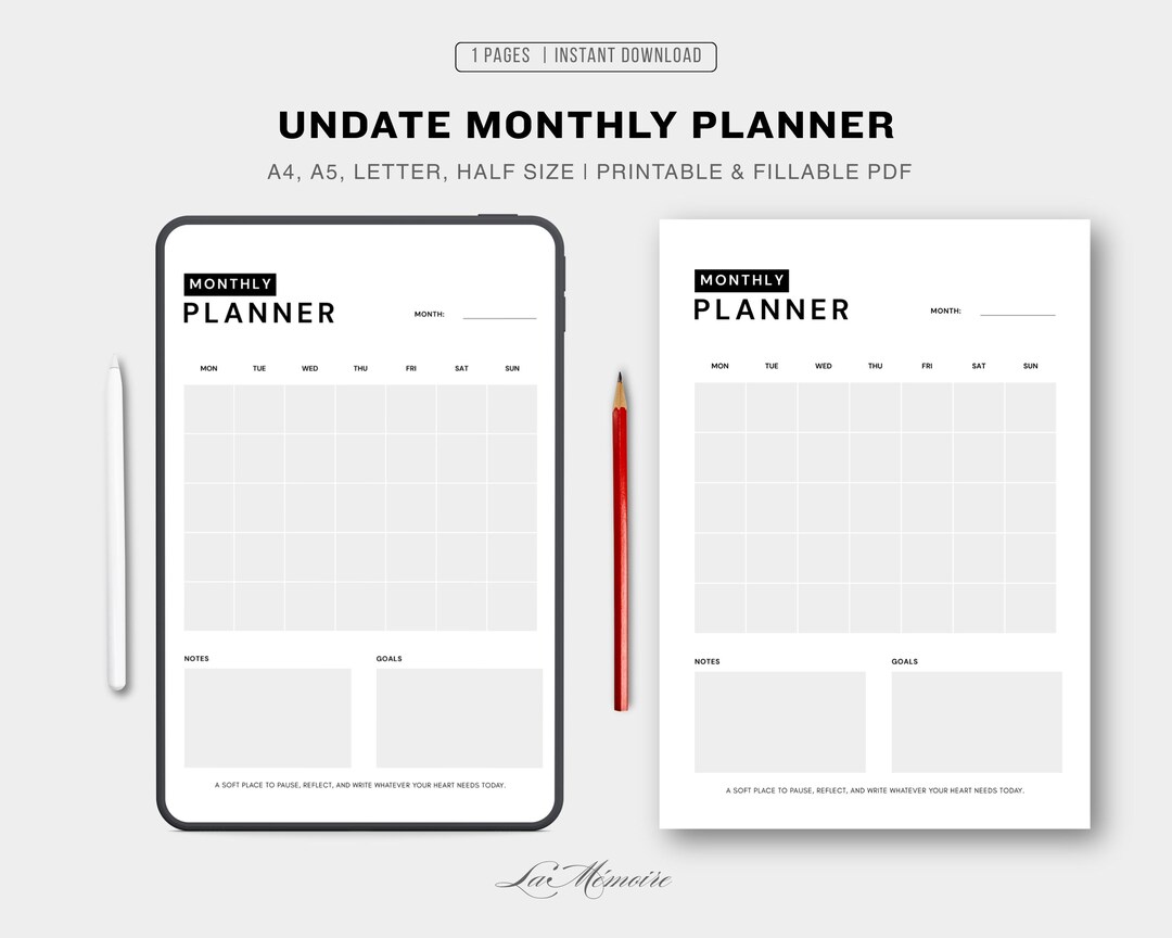 Undated Monthly Planner | Printable Fillable PDF With Goals and Notes ...