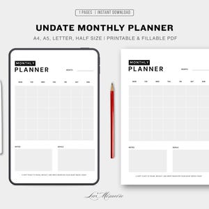 Puede incluir: Un planificador mensual sin fecha en formato digital y en papel. El planificador blanco presenta un diseño de cuadrícula con el texto "MONTHLY PLANNER" en la parte superior. Un lápiz rojo y un lápiz óptico blanco también están presentes.