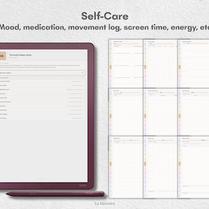 May include: A digital tablet with a dark plum frame and matching stylus displaying a self-care planner interface with tabs. The screen shows a menu titled Self-Care with categories like mood, medication, movement log, and screen time tracking.