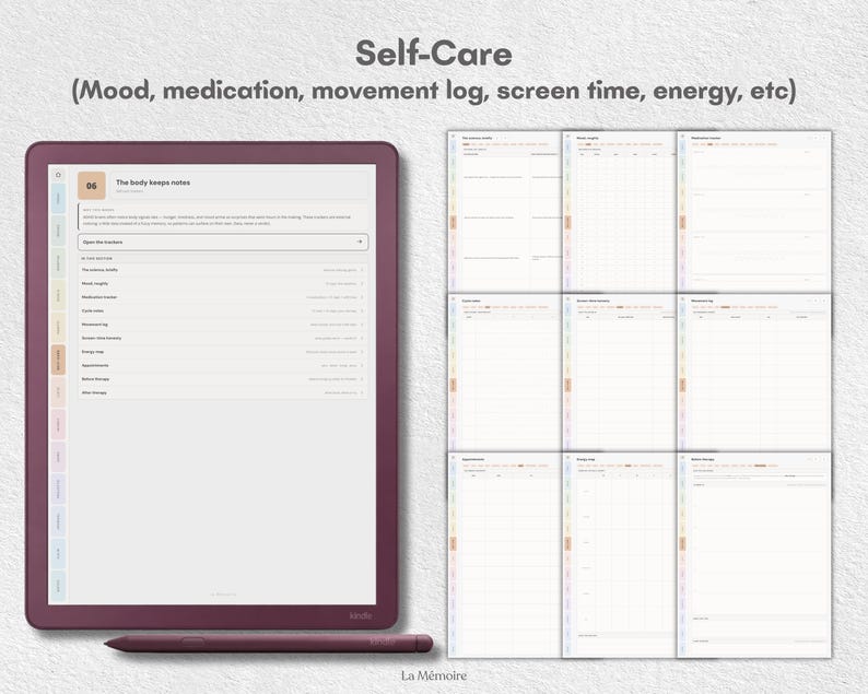 May include: A digital tablet with a dark plum frame and matching stylus displaying a self-care planner interface with tabs. The screen shows a menu titled Self-Care with categories like mood, medication, movement log, and screen time tracking.