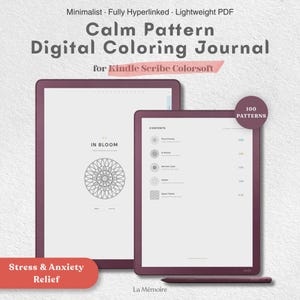 May include: A digital colouring journal for Kindle Scribe Colorsoft featuring 100 patterns. The display shows a contents page with circular designs and the text In Bloom. A stylus is positioned below the tablet, which has a dark purple frame.