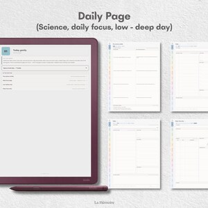 May include: A digital tablet with a dark red frame and a matching stylus, displaying a daily planner interface with the text Daily Page (Science, daily focus, low - deep day). Four additional planner page layouts are shown to the right.