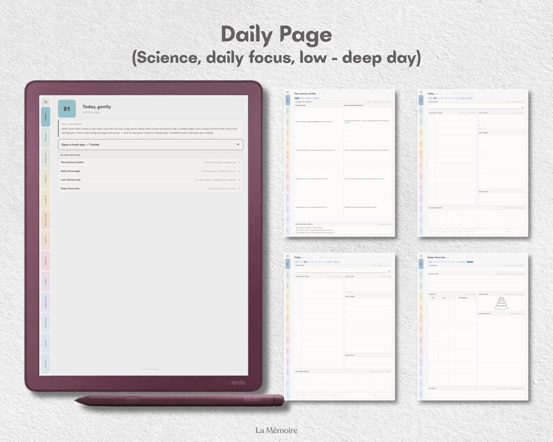 May include: A digital tablet with a dark red frame and a matching stylus, displaying a daily planner interface with the text Daily Page (Science, daily focus, low - deep day). Four additional planner page layouts are shown to the right.