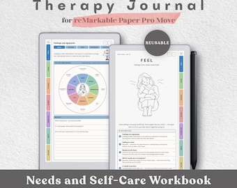 May include: A digital therapy journal for reMarkable Paper Pro Move, featuring a feelings wheel, a line drawing of a person hugging their knees, and color-coded tabs. The PDF includes sections for needs and self-care, with text for left and right handed users.