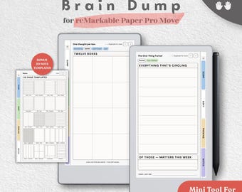 Puede incluir: Una plantilla de planificador digital para reMarkable Paper Pro con un diseño de Brain Dump de doce cajas y una página de One-Thing Funnel. Incluye una hoja de 20 plantillas extra con pestañas azules, verdes, amarillas y moradas.
