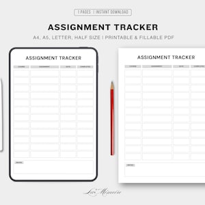 May include: An assignment tracker displayed on a tablet and a printed sheet. The tracker has a grid layout with columns for course, assignment, date, and completion status. A red pencil and white stylus are also present.