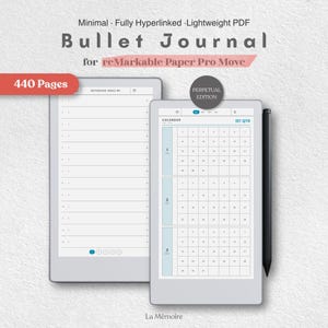 May include: A digital bullet journal PDF for reMarkable Paper Pro, featuring 440 pages, a notebook index, and a perpetual calendar edition. The interface displays a clean layout with navigation tabs, a monthly grid, and a black stylus pen attached.