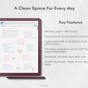 May include: A digital planner displayed on a dark red tablet with a matching stylus. The screen shows a January 01 daily page with handwritten notes, a bear icon, and a rainbow. Text lists features including a paper-like design and 1097 pages.