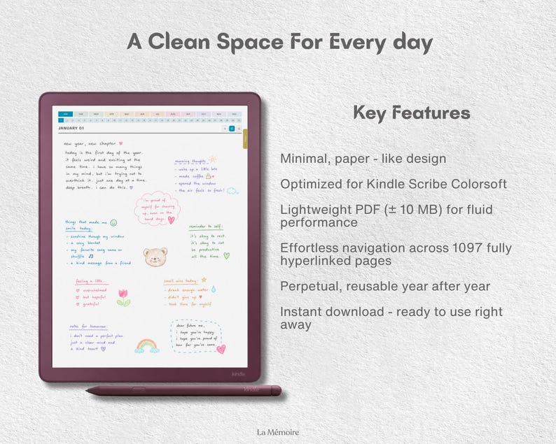 May include: A digital planner displayed on a dark red tablet with a matching stylus. The screen shows a January 01 daily page with handwritten notes, a bear icon, and a rainbow. Text lists features including a paper-like design and 1097 pages.