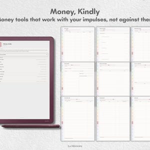May include: A digital planner titled Money, Kindly with the subtitle Money tools that work with your impulses, not against them. The display shows a dark red tablet with a matching stylus and nine distinct financial tracking page layouts.