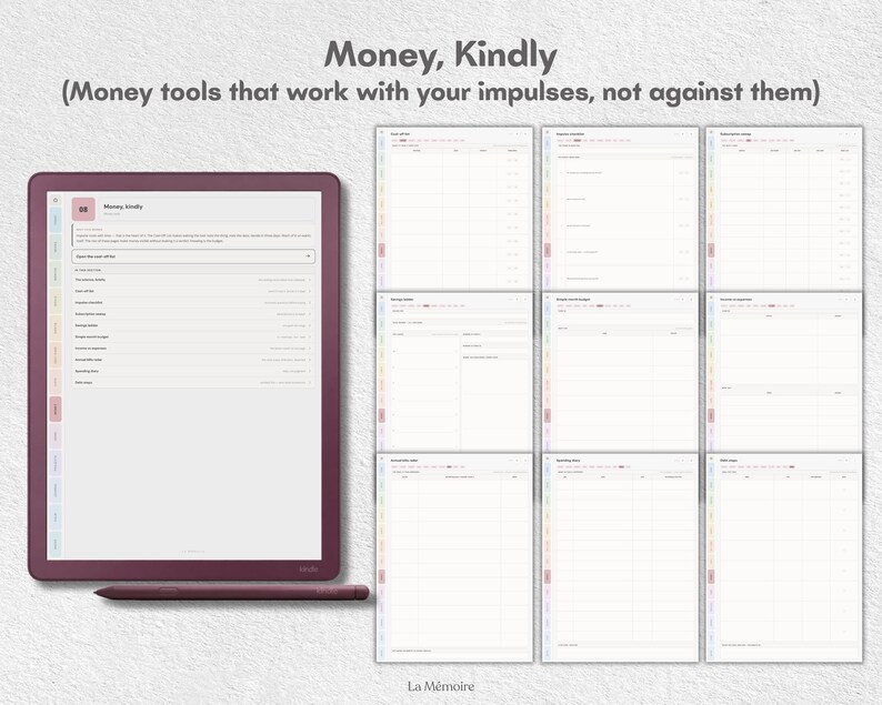 May include: A digital planner titled Money, Kindly with the subtitle Money tools that work with your impulses, not against them. The display shows a dark red tablet with a matching stylus and nine distinct financial tracking page layouts.