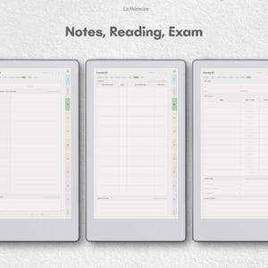 Puede incluir: Tres pantallas de tableta digital que muestran plantillas de planificador acad&eacute;mico con el texto La M&eacute;moire y Notes, Reading, Exam. Cada pantalla presenta una interfaz gris claro con columnas, filas y pesta&ntilde;as laterales coloridas.