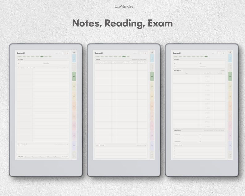 Puede incluir: Tres pantallas de tableta digital que muestran plantillas de planificador acad&eacute;mico con el texto La M&eacute;moire y Notes, Reading, Exam. Cada pantalla presenta una interfaz gris claro con columnas, filas y pesta&ntilde;as laterales coloridas.