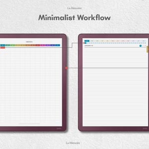 May include: Two digital tablets with dark purple frames displaying a planner interface. The left screen shows an index grid with a colorful header. The right screen shows a lined daily page with a calendar navigation bar. Text reads Minimalist Workflow.