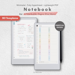 Cuaderno reMarkable Paper Pro Move / Cuaderno digital sin fecha / 80 plantillas / PDF con hipervínculos / Hojas cuadriculadas con líneas y puntos