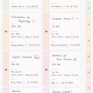 Puede incluir: Una plantilla digital de planificador semestral con ocho secciones numeradas para materias como C&aacute;lculo I, F&iacute;sica I y Psicolog&iacute;a. Cada bloque incluye c&oacute;digos de curso, horarios, ubicaciones y fechas l&iacute;mite, con una barra lateral de navegaci&oacute;n.