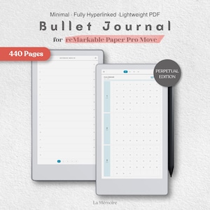 May include: A digital bullet journal PDF for reMarkable Paper Pro Move, featuring 440 pages, a minimalist layout, and full hyperlinks. The display shows a lined notebook page and a monthly calendar view alongside a black stylus pen.