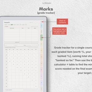 Puede incluir: Una plantilla digital de seguimiento de notas titulada Marks de La M&eacute;moire. La interfaz presenta un registro de curso con columnas para elementos calificados, porcentajes y puntuaciones, adem&aacute;s de una tabla de c&aacute;lculo para el examen final.