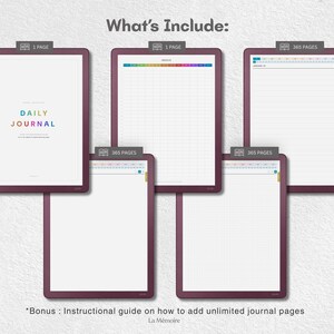May include: Five digital journal templates with dark purple borders. The first page displays the text DAILY JOURNAL in colorful letters. Other pages include an index with a grid, lined layouts, and blank pages, each labeled with page counts.