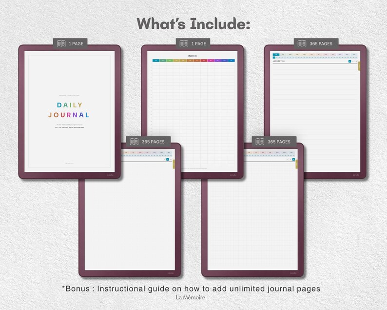 May include: Five digital journal templates with dark purple borders. The first page displays the text DAILY JOURNAL in colorful letters. Other pages include an index with a grid, lined layouts, and blank pages, each labeled with page counts.
