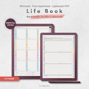 Può includere: Un Life Book PDF digitale per Kindle Scribe Colorsoft, edizione perpetua da 171 pagine. Lo schermo mostra un layout di pianificazione mensile con riquadri color pastello e una griglia di monitoraggio. Uno stilo è posizionato sotto il tablet.