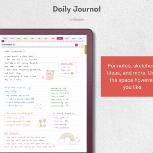 May include: A digital daily journal page titled September 01 with handwritten-style text, a bear illustration, and a rainbow graphic. The layout includes sections for notes, reminders, and goals, featuring colorful icons and a dark purple frame border.