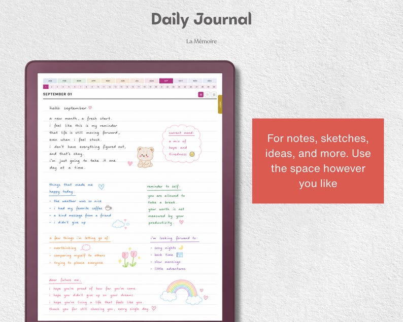May include: A digital daily journal page titled September 01 with handwritten-style text, a bear illustration, and a rainbow graphic. The layout includes sections for notes, reminders, and goals, featuring colorful icons and a dark purple frame border.