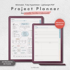 May include: A digital project planner for Kindle Scribe Colorsoft featuring a minimalist, fully hyperlinked PDF layout. The display shows a project overview with mind maps, workflow diagrams, and task lists, alongside a premium edition badge.