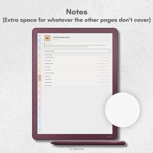 May include: A digital tablet with a dark plum frame displaying a notes page titled The body keeps notes, featuring a list of categories and a side navigation bar. A matching plum stylus rests below the tablet, with a circular dot grid sample.