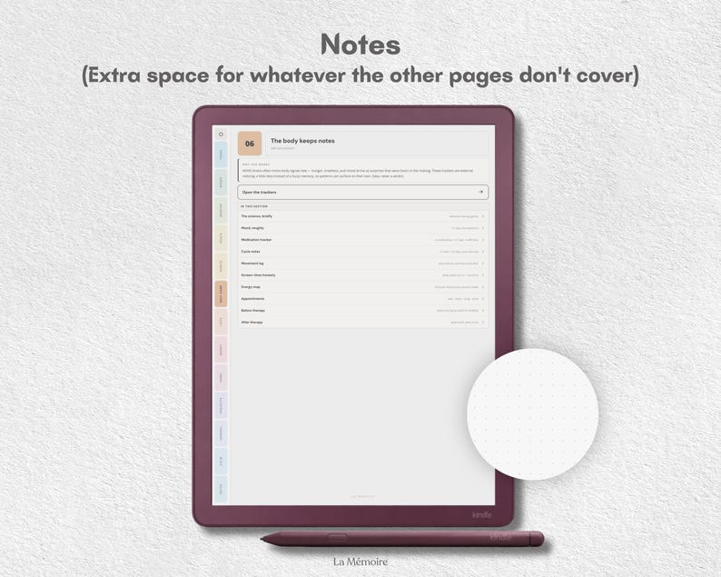 May include: A digital tablet with a dark plum frame displaying a notes page titled The body keeps notes, featuring a list of categories and a side navigation bar. A matching plum stylus rests below the tablet, with a circular dot grid sample.