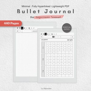 May include: A digital bullet journal for Supernote Nomad featuring 440 pages, a perpetual edition calendar, and a dot grid layout. The interface includes navigation icons, quarterly tabs, and monthly views for January, February, and March.