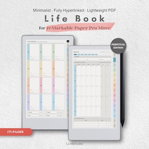 Peut inclure: Un agenda numérique intitulé Life Book pour reMarkable Paper Pro Move, comprenant une édition perpétuelle de 171 pages. L'écran affiche un calendrier mensuel avec des onglets colorés, une grille et un stylet noir placé sur le côté droit.