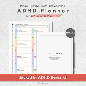 Op de afbeelding: Een digitale ADHD-planner voor reMarkable Paper Pro, uitgevoerd als een minimalistische, volledig gelinkte en lichtgewicht PDF. De interface toont georganiseerde secties voor dagelijkse focus, maandoverzichten, gewoontes en notities.