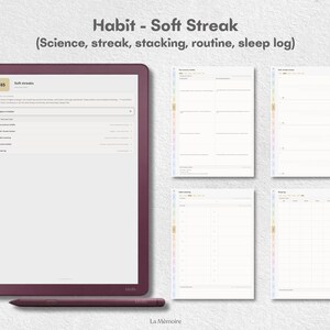 May include: A digital tablet with a dark plum frame and matching stylus, displaying a planner interface titled Habit - Soft Streak with sections for science, streak, stacking, routine, and sleep log. Four additional page layouts are shown to the right.
