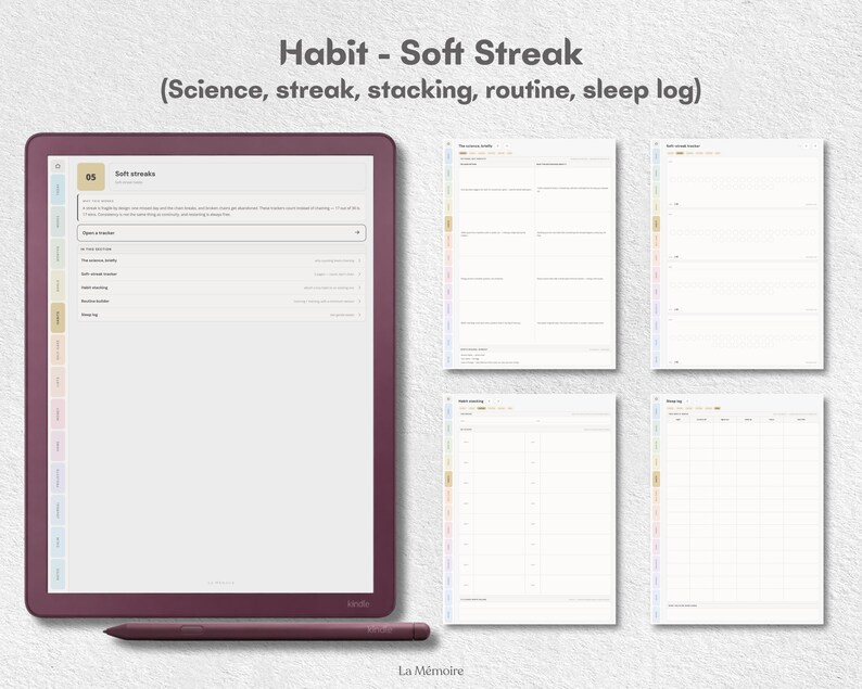 May include: A digital tablet with a dark plum frame and matching stylus, displaying a planner interface titled Habit - Soft Streak with sections for science, streak, stacking, routine, and sleep log. Four additional page layouts are shown to the right.