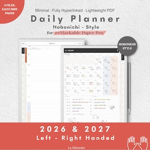 Puede incluir: Una agenda diaria digital para reMarkable Paper Pro con diseño estilo Hobonichi. La interfaz muestra una vista de calendario mensual con notas manuscritas, un horario semanal y un lápiz óptico. El texto incluye: 4 FILES, EACH 2865 PAGES, Daily Planner, Hobonichi-Style, for reMarkable Paper Pro, HOBONICHI STYLE, 2026 & 2027, Left-Right Handed y La Mémoire.