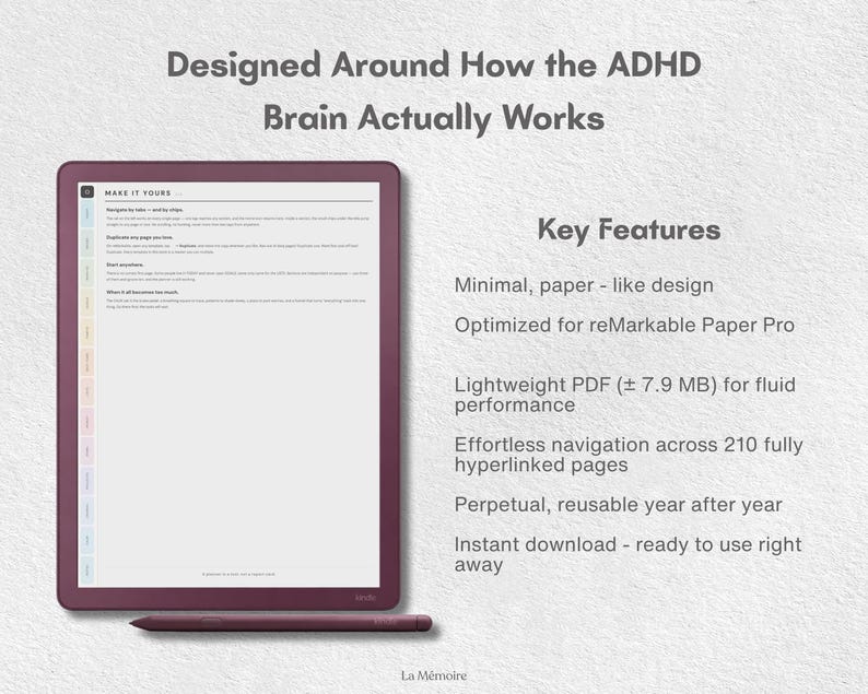 May include: A digital planner for the reMarkable Paper Pro tablet, featuring a dark maroon frame and matching stylus. The screen displays a page titled Make It Yours with navigation tabs. Text includes Designed Around How the ADHD Brain Actually Works.