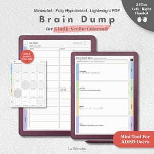 Puede incluir: Un planificador digital para Kindle Scribe Colorsoft titulado Brain Dump, con páginas totalmente hipervinculadas y secciones para dump, sort, parking y notes. Incluye una página extra con 20 plantillas de notas y opciones para usuarios zurdos o diestros.